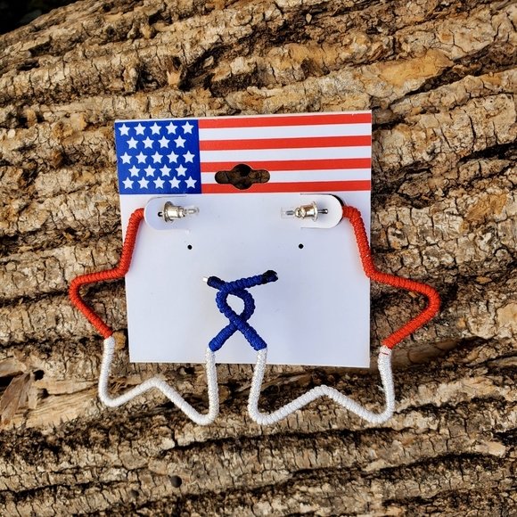 Red, White and Blue Threaded American Star Hoop Earings - Picture 1 of 1